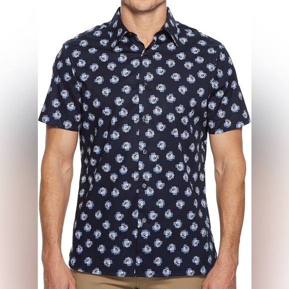 Perry Ellis Navy Blue Men’s Modern Geo Print stretch Button Down Shirt Sz-XL. G9 - Picture 1 of 12